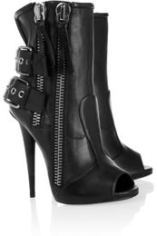 Hot Sale-Dames Mode Goedkope Prijs Naakt Zwart Open Teen Double Rits Spike Hak Booties Gesp Strap Sierlijke Jurk Schoenen