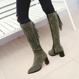 Hot Sale-Dames Flock Snowboots Vierkante Hoge Hak Knie Hoge Laarzen Rits Puntschoenen Tow Winter Warm Pluche Dames Schoenen Beige Groen Zwart