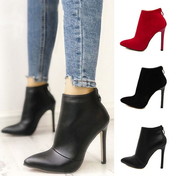 Venta caliente: botines de cuero para mujer, tacones finos, punta puntiaguda, con cremallera, uso diario, tacones de aguja, botines de vestir