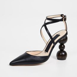 Gran oferta-Sandalias para mujer, zapatos Les Camil, zapatos de gamuza con correa de punta redonda de madera y tacón geométrico, sandalias