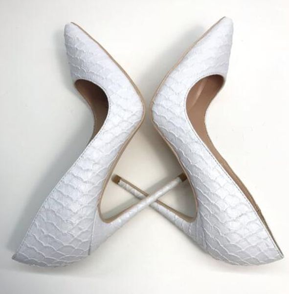 Venta caliente- Zapatos de mujer Bombas Nueva serpiente blanca Escama de pescado Dedos en punta Tacón alto Tacones finos Zapatos de tacón de aguja Zapatos de boda de novia sexy