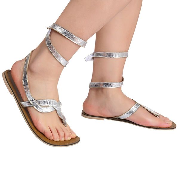 Vente chaude - Sandales à jambes croisées en forme de serpent pour femmes Clip-toe Lady Gladiator Designed Flats Sandals Or Argent Rome Tongs Chaussures