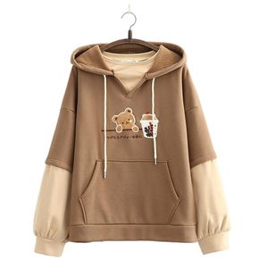 Hot koop dames hoodies sweatshirts fleece harajuku cartoon beer borduren casual sweatshirt vrouwen lange mouw patchwork koreaanse stijl