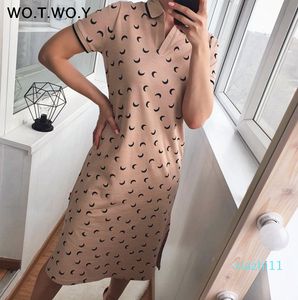 Offre spéciale WOTWOY printemps lune imprimé dentelle Polo robes femmes 2020 décontracté coton longue robe droite dame col rabattu poches