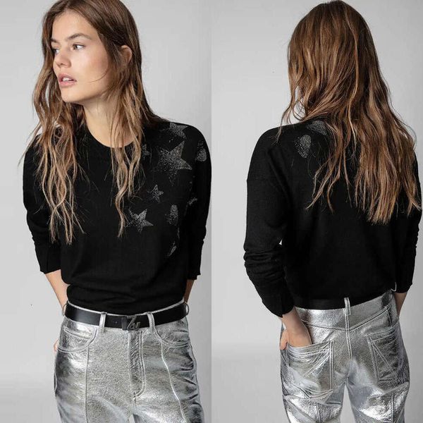 Venta caliente Zadig Voltaire Prendas de punto 23AW Suéter de diseñador para mujer Nuevo Zadig Top Moda Sudadera clásica Star Love Hot Drilling Negro 100 Cashmere