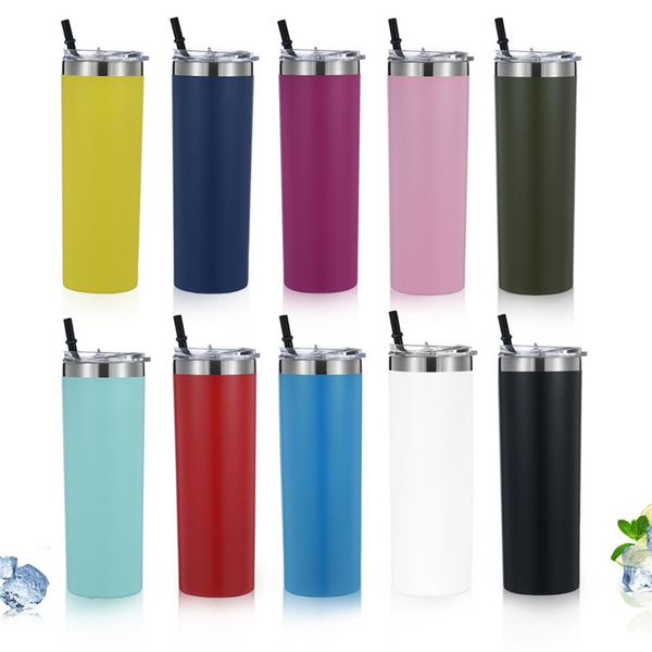 Ventes chaudes 20 oz 600 ml en acier inoxydable coupe droite tasse à eau d'isolation sous vide à fond plat multi couleur avec couvercle tasses de paille T9I00420