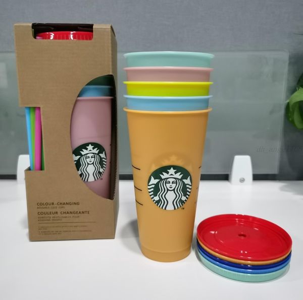 Starbucks sirène déesse 24 oz/710 ml gobelets à couleur changeante tasses en plastique boire du jus avec lèvre et paille tasse à café magique