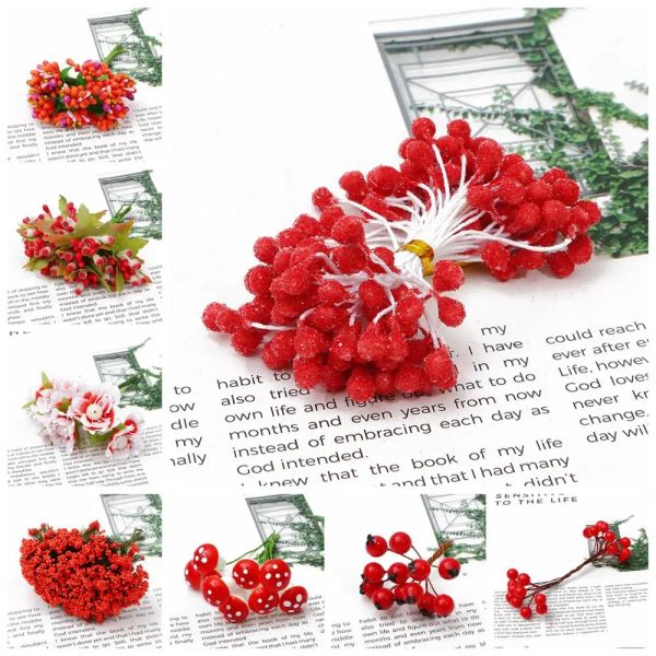 Ventes chaudes 6/10/12/60/70/90/144pcs Red Red Artificial Flower Cherry Staming Berries Berries For DIY MARDING Cake Gift Box Decor