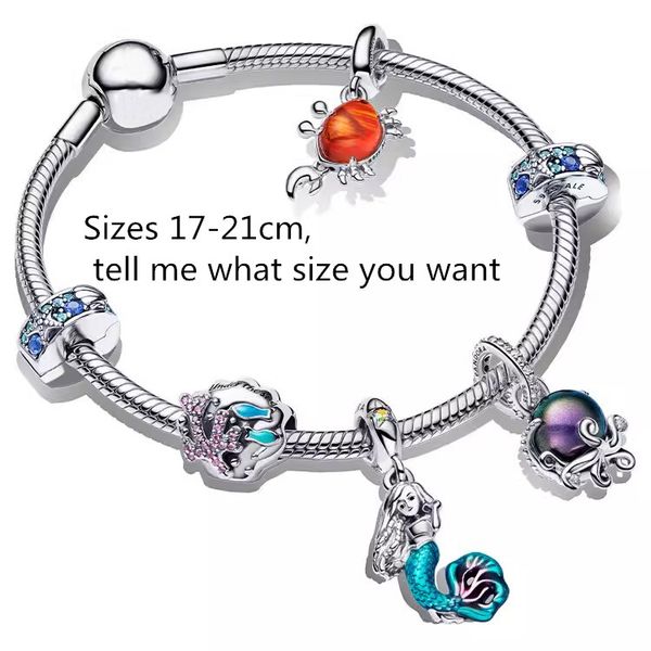 Ventas calientes 925 Conjunto de joyería de diseño de plata para mujer Regalo de vacaciones colgante de araña DIY ajuste Pandoras Little Mermaid Charm Pulsera conjunto Cadena de hueso de serpiente con caja original