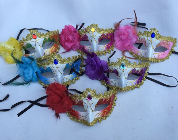 Ventes à chaud Dessin coloré ou motif Bud Silk Gold Package Edge Crystal Fleurs latérales Masque Festival de danse Masque 20pcs / Lot Drop Shipping