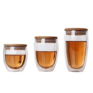 Offres spéciales Double tasse en verre tasses à café tasse à thé tasses en verre transparentes résistantes à la chaleur avec couvercle de tasse d'isolation en bambou créatif