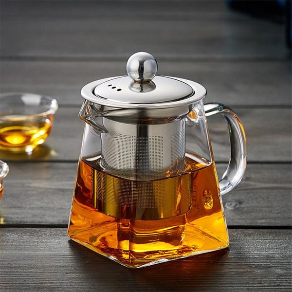 Théière en verre de vente chaude avec infuseur et couvercle en acier inoxydable pour le thé en fleurs et en vrac