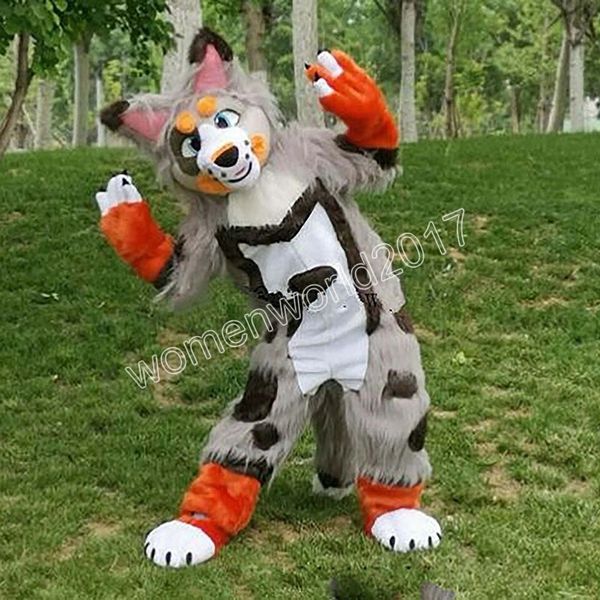 Gran oferta, disfraz de Mascota de perro Husky gris de piel larga para Halloween, disfraz de carnaval para fiesta de cumpleaños, disfraz de felpa