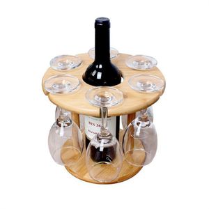 Gran oferta, soporte para copas de vino CALIENTE, bastidores de secado de copas de vino de mesa de bambú, Camping para 6 copas y 1 botella de vino