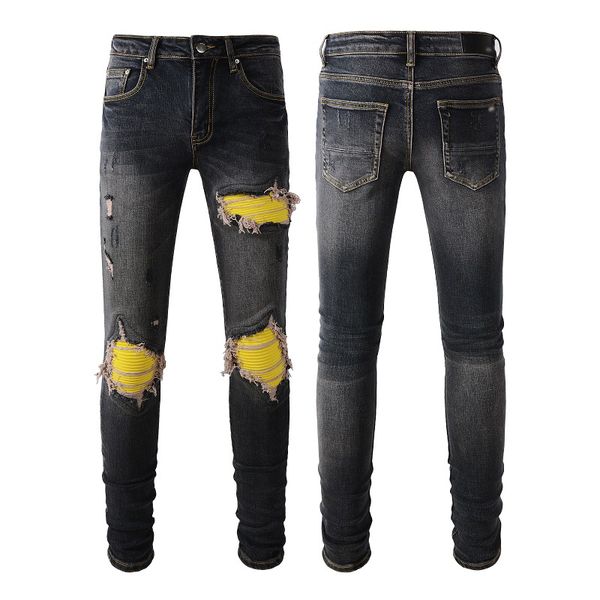 Ventas calientes Hombres Jeans Agujero Azul claro Gris oscuro ITALIA Marca Pantalones largos para hombre Pantalones Streetwear Denim Flaco Slim Straight Biker Jean Foto real con incrustaciones de diamantes 04