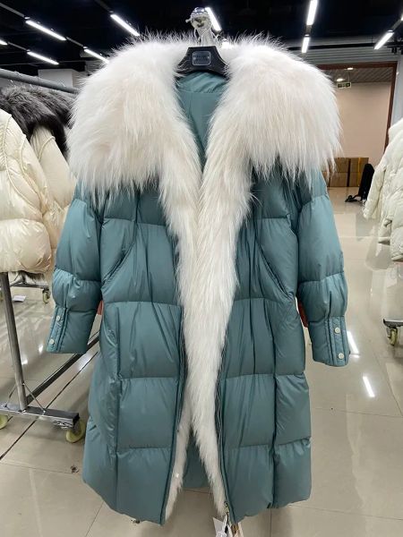 Offres spéciales naturel réel fourrure de renard longue blanc canard doudoune nouveau hiver femmes chaud manteau ample épais luxe