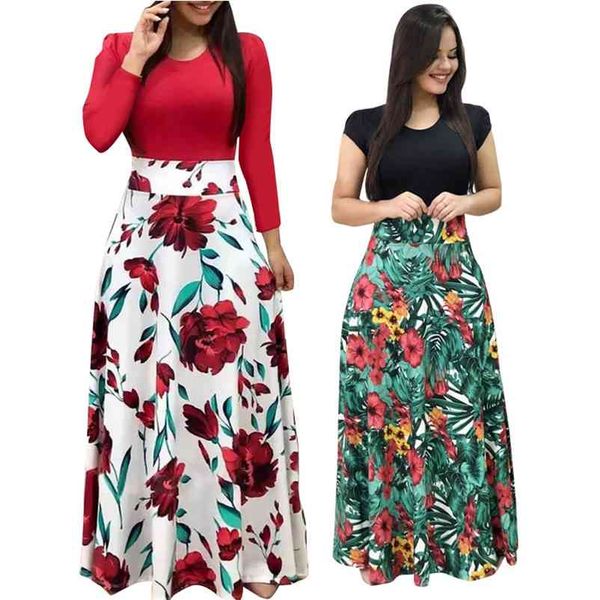 Gran oferta, vestido de otoño de talla grande para mujer, vestidos largos florales Vintage de retazos, vestido de fiesta bohemio de manga larga con cuello redondo informal 210331