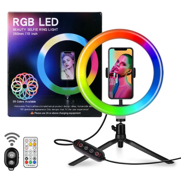 Heiße Verkäufe RGB-Mehrfarben-Ringlicht 10-Zoll-Fotobeleuchtung mit Stativ-Studiolampe Live-Übertragung mit Telefonhaltern