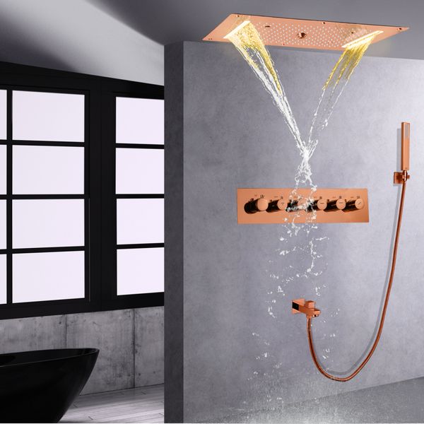 Système de douche en or rose à chaud ensemble 70x38 cm Douche de massage thermostatique à LED avec tête de pulvérisation à main