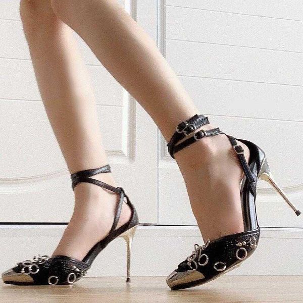 CALIENTE Sandalias Sexy Negro Malla Mujeres Punta de Metal Tacones Altos Círculo Decoración Verano Sandalia Tobillo Correas Zapatos de Vestir Mujer Sandalias Mujer 230417