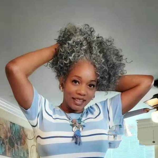 Venta caliente 100% cabello real gris hojaldre afro cola de caballo clip de extensión de cabello en gris afro rizado rizado cordón cola de caballo gris plateado pieza de cabello