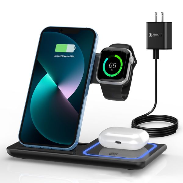 Station de charge rapide pliable 15 W 3 en 1 support de chargeur rapide sans fil pour Apple iPhone 14 13 12 11 Pro Watch Series 8 7 6 SE 5 4 3 2 AirPods 3/2/Pro