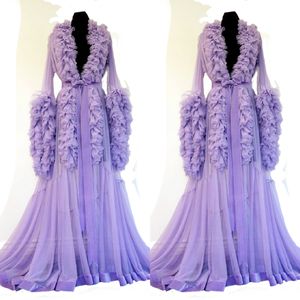 Venta caliente 2020 batas de boda púrpura con cuello en V de manga larga con lazo de volantes albornoz ropa de dormir Formal tren de barrido vestidos de noche hechos a medida para mujeres