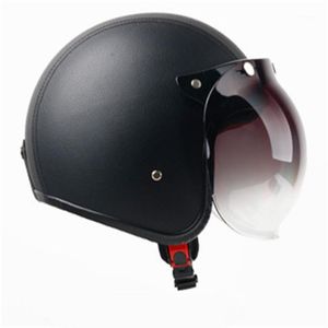 VENTA CALIENTE casco de motocicleta de cuero negro Retro Vintage Cruiser Chopper Scooter Cafe Racer Moto Helmet 3/4 Open Face1