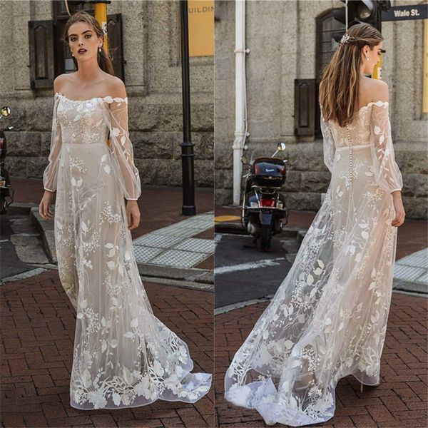 Venta caliente Bohemia Una línea de vestidos de novia Bateau de manga larga con apliques completos de encaje vestido de novia con gradas con pliegues tren de barrido Boho Robes De Mari￩e