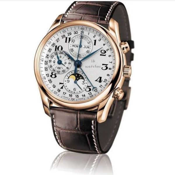 Reloj de marca de gran venta, relojes mecánicos automáticos para hombre, correa de cuero con esfera blanca LON01