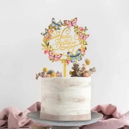 Hot Sell Cake Topper Happy Birthday Anniversary Party Gold Silver Insert Acrylic Decoration Wedding Dessert Decor