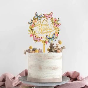 Hot Sell Cake Topper Joyeux anniversaire Party Party Gold Silver Insert Acrylique Décoration de mariage Décor de dessert