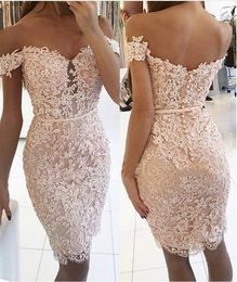 Hot Sell Cocktail Jurken Sweetheart Off the Shoulder Lace Applique kralen roze kanten mode afstuderen feest vrouwen jurk