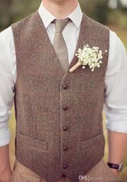 Hot Sell Country Farm Wedding Brown Wool Herringband Tweed Vesten Bruidegom Vest Slim Fit Mens Pak Vest Prom Wedding Waastcoat Plus