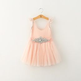 Hot Sell Elegance Kids herfstjurken Wit roze 2 kleuren met diamanten riem retail babymeisjes kleding