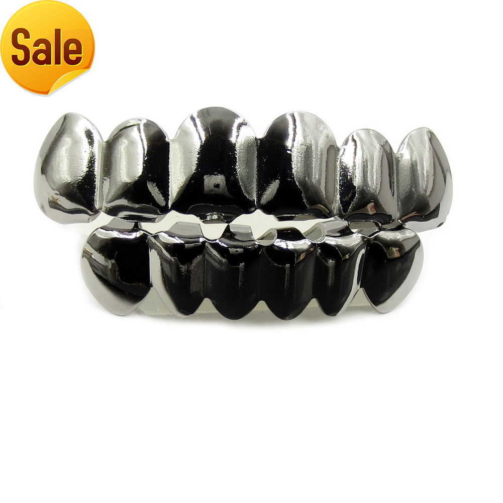 Hot Sell Gold Silver Black Hip Hop Teeth Grillz Top Bottom Grills Set With Silicone Real Shiny Vampire Tooth Grill Set
