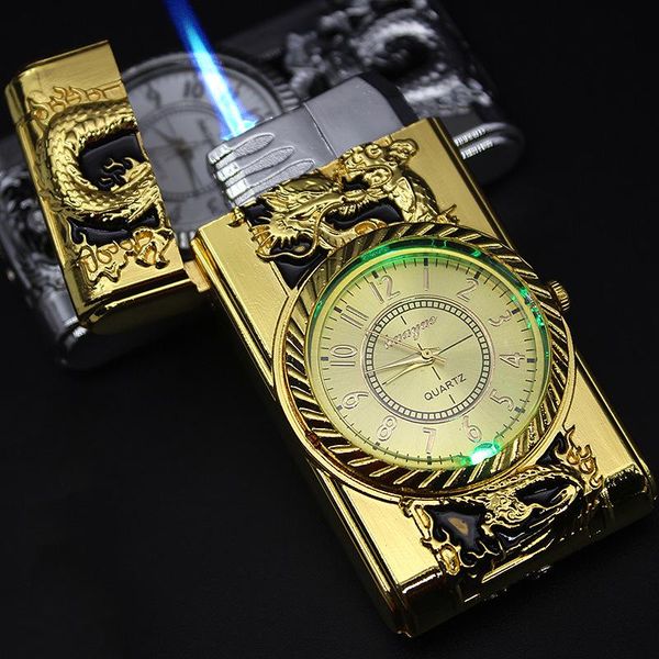 Vente chaude Or Coupe-Vent Montre Jet Briquet Torche Turbo Gaz Briquet Cigare Cigarette Métal Briquet Led Gonflé Essence Butane Hommes Décoration