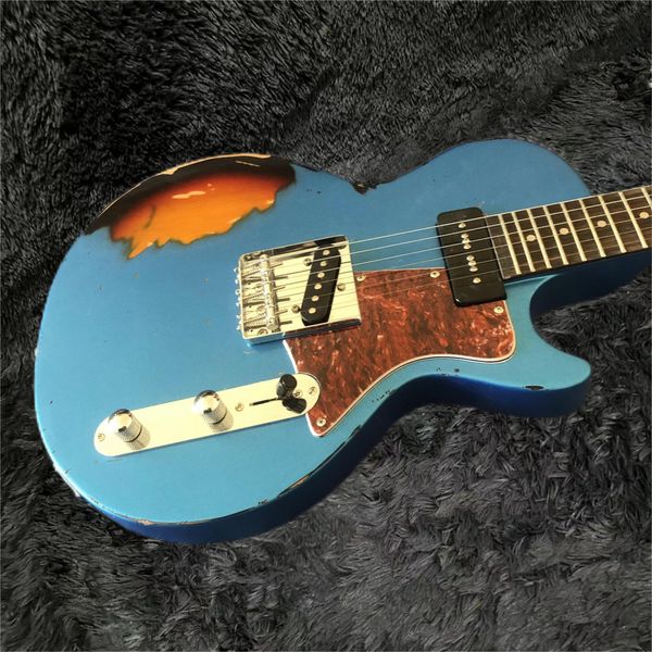Guitarra eléctrica desgastada azul de buena calidad, con cuerpo de madera de flor de durazno, rock de moda, excelente sonido, - Instrumentos musicales