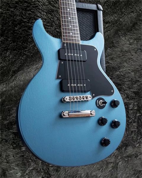 Vente chaude bonne qualité Double Pan coupé bleu Guitare électrique Accordeurs simple ligne Noir P90 Pickup 22 frettes Expédition rapide - Les instruments de musique peuvent être personnalisés