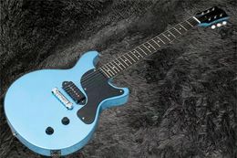 Venta caliente de buena calidad Doble corte DC TV azul Guitarra eléctrica junior Sintonizadores de una sola línea Tortuga de una sola capa Golpeador Oreja de perro Negro P90 La pastilla se puede personalizar
