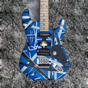 Heet verkoop goede kwaliteit Edward Eddie Van Halen Heavy Relic blauwe elektrische gitaar Zwart witte strepen Floyd Rose Tremolo Bridge Slanted Pickup kan worden aangepast