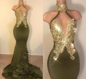 Hot Sell Green Mermaid Prom Dresses Halter Neck Gold Appliques Backless Long Evening Jurns Vestidos feestjurken