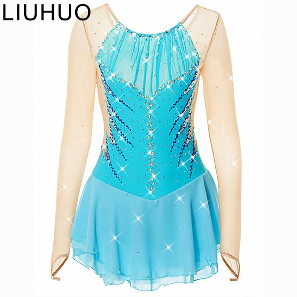 Vente chaude robe de patinage sur glace bleu étirement formation compétition salle de bal patinage porter à la main classique robe de patinage en cristal