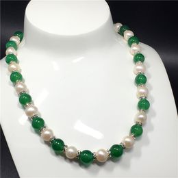 Heet verkoop natuurlijke 8-9mm witte zoetwaterparel groene jade kralen ketting 48cm mode-sieraden
