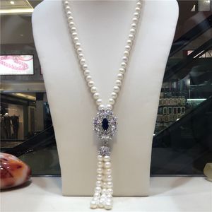 Heet verkopen natuurlijke witte 8-9 mm zoetwater parelparel lange ketting trui ketting kwastje micro-inleg zirkonen clasp mode sieraden