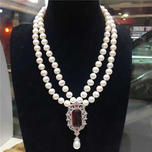 Vente chaude nouveau 2 rangées 8-9mm naturel blanc perle d'eau douce zircon accessoires boucle fleur pendentif pull collier bijoux de mode