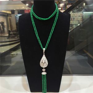 Hot verkoop nieuwe natuurlijke groene jade micro inlay zirkoon grote waterdruppel hanger kwastje ketting lange trui keten mode-sieraden
