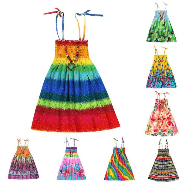 Venta caliente Nuevo vestido infantil de verano Niños Niñas Ropa de bebé Floral Bohemian Beach Straps Dress Niños Sundress Q0716