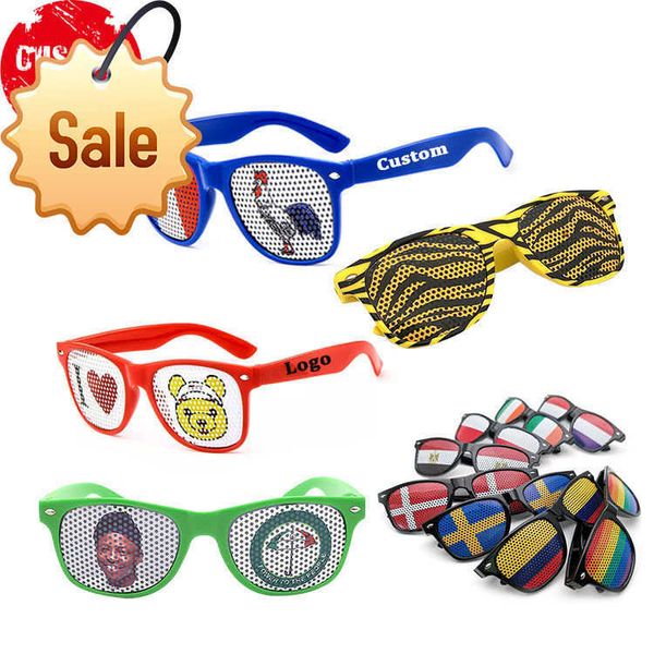 Venta caliente fiesta promocional impresión personalizada lente estenopeica pegatina bandera gafas de sol con etiqueta estenopeica gafas estenopeicas