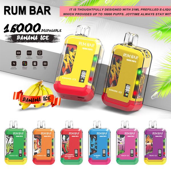 vente chaude rhum bar usine vaper bouffées 16k 15 saveurs bobine jetable banane grenade 2% 5% 0%